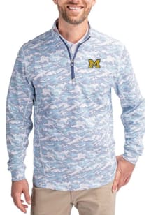 Cutter and Buck Michigan Wolverines Mens Blue Traverse Camo Long Sleeve Qtr Zip Pullover
