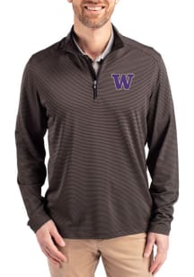 Cutter and Buck Washington Huskies Mens Black Virtue Eco Pique Micro Stripe Long Sleeve Qtr Zip Pu..