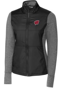 Cutter and Buck Wisconsin Badgers Womens Black Stealth Hybrid Quilted Medium Weight Jacket