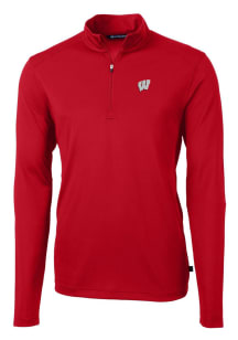 Cutter and Buck Wisconsin Badgers Mens Red Virtue Eco Pique Long Sleeve Qtr Zip Pullover