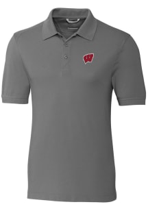 Cutter and Buck Wisconsin Badgers Mens Grey Advantage Short Sleeve Polo