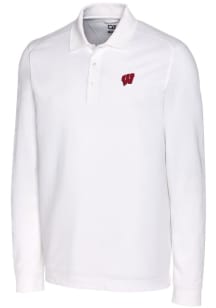 Cutter and Buck Wisconsin Badgers Mens White Advantage Pique Long Sleeve Polo Shirt