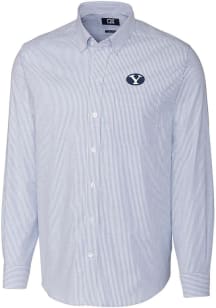 Cutter and Buck BYU Cougars Mens Blue Stretch Oxford Stripe Long Sleeve Dress Shirt