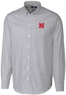 Cutter and Buck Nebraska Cornhuskers Mens Charcoal Stretch Oxford Stripe Long Sleeve Dress Shirt