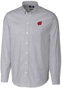 Cutter and Buck Wisconsin Badgers Mens Charcoal Stretch Oxford Stripe Long Sleeve Dress Shirt