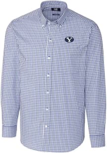 Cutter and Buck BYU Cougars Mens Blue Easy Care Gingham Long Sleeve Dress Shirt