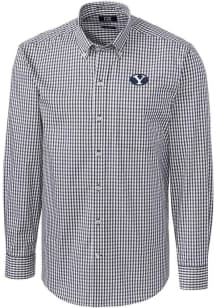 Cutter and Buck BYU Cougars Mens Charcoal Easy Care Gingham Long Sleeve Dress Shirt