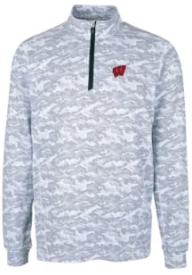 Cutter and Buck Wisconsin Badgers Mens Charcoal Traverse Camo Print Stretch Long Sleeve Qtr Zip Pu..