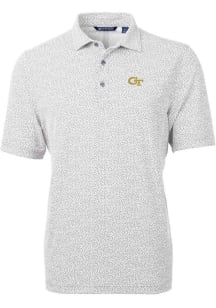 Cutter and Buck GA Tech Yellow Jackets Mens Grey Virtue Eco Pique Botanical Short Sleeve Polo