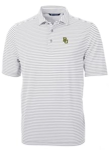 Cutter and Buck Baylor Bears Mens Grey Virtue Eco Pique Stripe Short Sleeve Polo