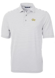 Cutter and Buck GA Tech Yellow Jackets Mens Grey Virtue Eco Pique Stripe Short Sleeve Polo