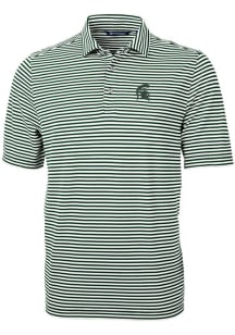 Cutter and Buck Michigan State Spartans Mens Green Virtue Eco Pique Stripe Short Sleeve Polo