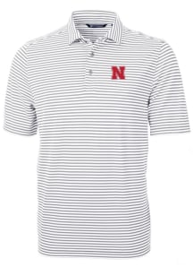 Cutter and Buck Nebraska Cornhuskers Mens Grey Virtue Eco Pique Stripe Short Sleeve Polo