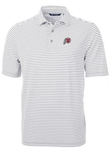 Cutter and Buck Utah Utes Mens Grey Virtue Eco Pique Stripe Short Sleeve Polo
