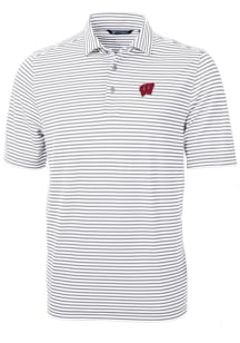 Cutter and Buck Wisconsin Badgers Mens Grey Virtue Eco Pique Stripe Short Sleeve Polo