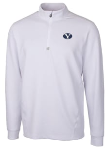 Cutter and Buck BYU Cougars Mens White Traverse Stretch Long Sleeve Qtr Zip Pullover