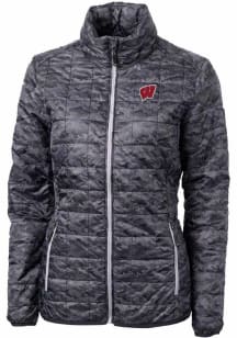 Cutter and Buck Wisconsin Badgers Womens Black Rainier PrimaLoft Printer Puffer Filled Jacket