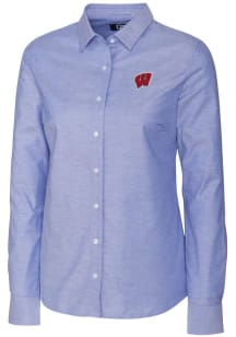 Cutter and Buck Wisconsin Badgers Womens Stretch Oxford Long Sleeve Blue Dress Shirt