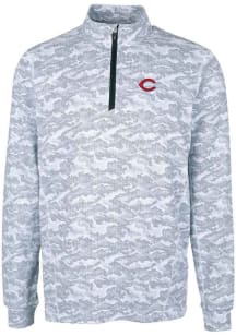 Cutter and Buck Cincinnati Reds Mens Charcoal Traverse Camo Print Stretch Long Sleeve Qtr Zip Pull..