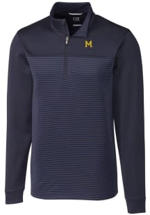 Cutter and Buck Michigan Wolverines Mens Blue Traverse Stripe Stretch Long Sleeve Qtr Zip Pullover