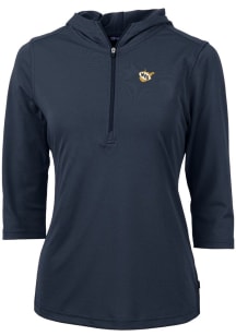 Cutter and Buck West Virginia Mountaineers Womens Navy Blue Vault Virtue Eco Pique Hooded Sweatshi..