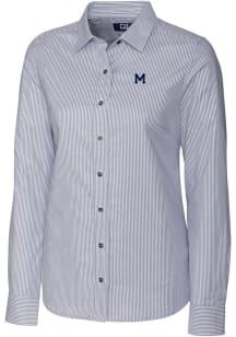 Cutter and Buck Michigan Wolverines Womens Stretch Oxford Stripe Long Sleeve Grey Dress Shirt