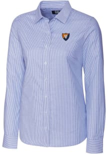 Cutter and Buck Illinois Fighting Illini Womens Stretch Oxford Stripe Long Sleeve Blue Dress Shirt