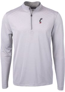 Cutter and Buck Cincinnati Bearcats Mens Grey Virtue Eco Pique Micro Stripe Long Sleeve Qtr Zip Pu..