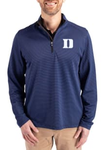 Cutter and Buck Duke Blue Devils Mens Blue Virtue Eco Pique Micro Stripe Long Sleeve Qtr Zip Pullo..