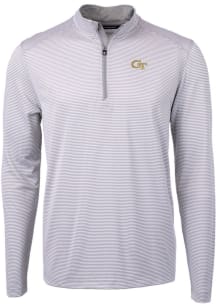 Cutter and Buck GA Tech Yellow Jackets Mens Grey Virtue Eco Pique Micro Stripe Long Sleeve Qtr Zip..