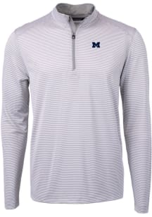 Cutter and Buck Michigan Wolverines Mens Grey Virtue Eco Pique Micro Stripe Long Sleeve Qtr Zip Pu..