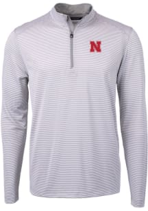 Cutter and Buck Nebraska Cornhuskers Mens Grey Virtue Eco Pique Micro Stripe Long Sleeve Qtr Zip P..