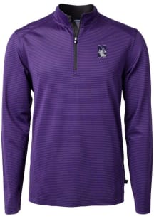 Cutter and Buck Northwestern Wildcats Mens Purple Virtue Eco Pique Micro Stripe Long Sleeve Qtr Zi..