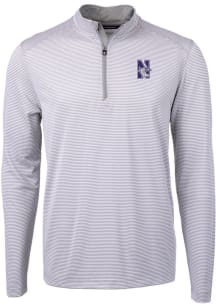 Cutter and Buck Northwestern Wildcats Mens Grey Virtue Eco Pique Micro Stripe Long Sleeve Qtr Zip..
