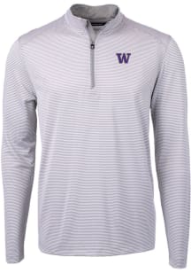 Cutter and Buck Washington Huskies Mens Grey Virtue Eco Pique Micro Stripe Long Sleeve Qtr Zip Pul..