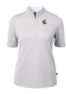 Cutter and Buck Michigan State Spartans Womens Grey Virtue Eco Pique Stripe Short Sleeve Polo Shir..