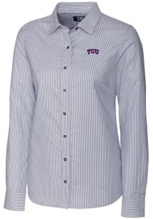 Cutter and Buck TCU Horned Frogs Womens Stretch Oxford Stripe Long Sleeve Charcoal Dress Shirt