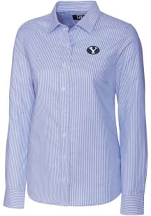Cutter and Buck BYU Cougars Womens Stretch Oxford Stripe Long Sleeve Blue Dress Shirt