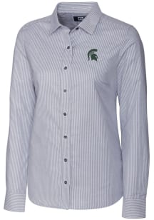 Cutter and Buck Michigan State Spartans Womens Stretch Oxford Stripe Long Sleeve Charcoal Dress Sh..