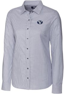 Cutter and Buck BYU Cougars Womens Stretch Oxford Stripe Long Sleeve Charcoal Dress Shirt