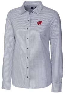 Cutter and Buck Wisconsin Badgers Womens Stretch Oxford Stripe Long Sleeve Charcoal Dress Shirt