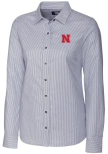 Cutter and Buck Nebraska Cornhuskers Womens Stretch Oxford Stripe Long Sleeve Charcoal Dress Shirt
