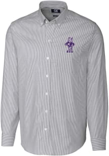 Cutter and Buck K-State Wildcats Mens Charcoal Vault Stretch Oxford Stripe Long Sleeve Dress Shirt