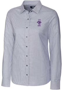 Cutter and Buck K-State Wildcats Womens Vault Stretch Oxford Stripe Long Sleeve Charcoal Dress Shi..