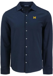 Cutter and Buck Michigan Wolverines Mens Navy Blue Advantage Soft Pique Long Sleeve Dress Shirt