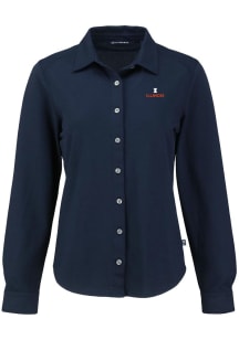 Cutter and Buck Illinois Fighting Illini Womens Advantage Soft Pique Long Sleeve Navy Blue Dress S..