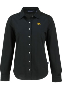 Cutter and Buck Iowa Hawkeyes Womens Advantage Soft Pique Long Sleeve Black Dress Shirt