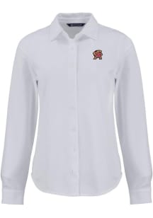 Cutter and Buck Maryland Terrapins Womens Advantage Soft Pique Long Sleeve White Dress Shirt