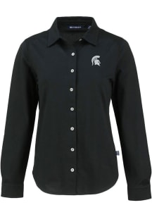 Cutter and Buck Michigan State Spartans Womens Advantage Soft Pique Long Sleeve Black Dress Shirt
