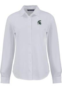 Cutter and Buck Michigan State Spartans Womens Advantage Soft Pique Long Sleeve White Dress Shirt